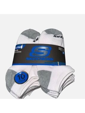 Skechers Boys No Show Socks White and Gray Cushioned Sole 10 Pair Size M New